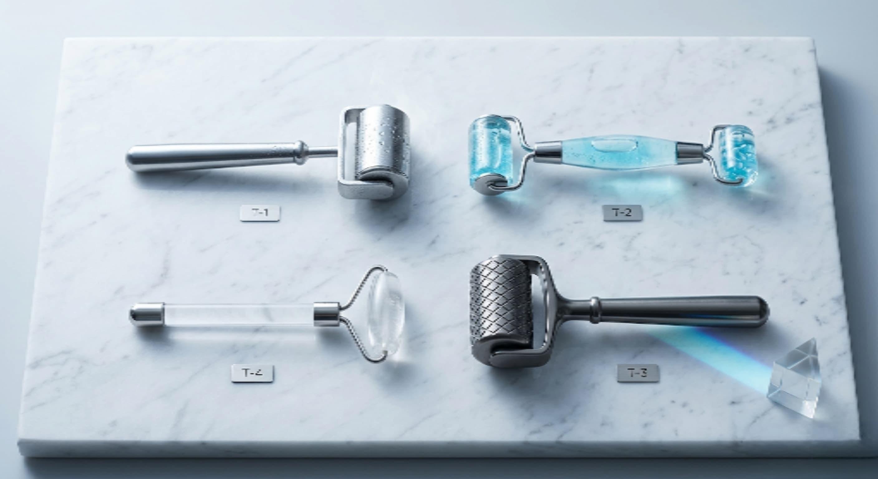 A shiny ice roller on a marble vanity