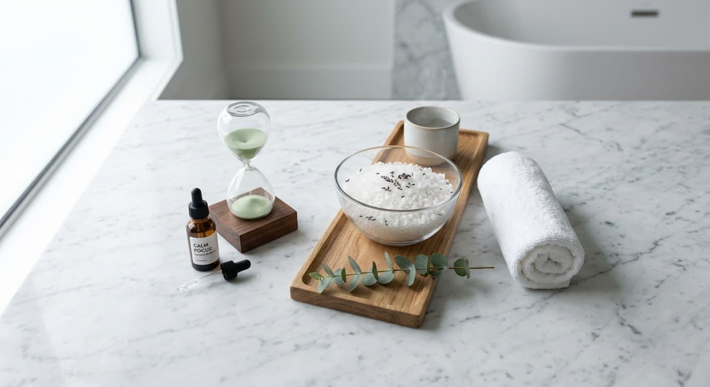 A timer, essential oils, and an epsom salt bath setup