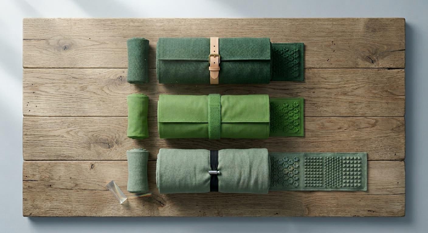 A green acupressure mat rolled up with its pillow
