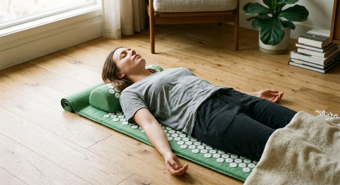 Person relaxing lying on their acupressure mat